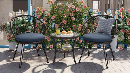 Outdoor Leisure Set, 2 Rattan Single Chairs with A Glass Round Table,