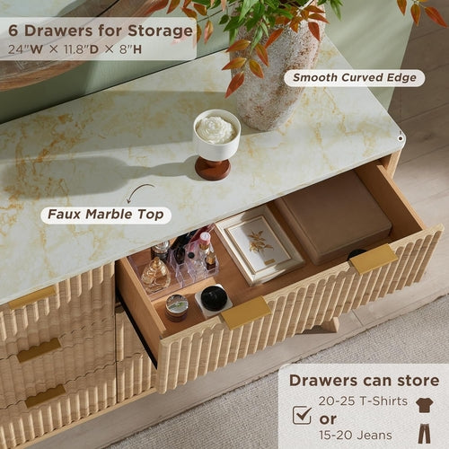 Natural Oak 6-Drawer Dresser with Marble Top