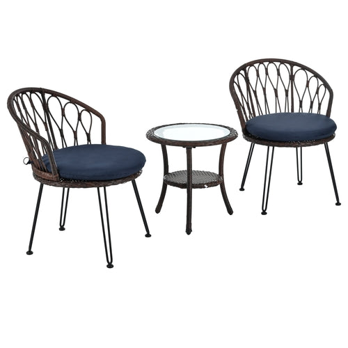 Outdoor Leisure Set, 2 Rattan Single Chairs with A Glass Round Table,