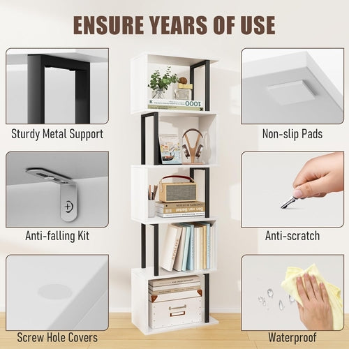 Five Tier Bookshelf White Bookcase Living Room Furniture