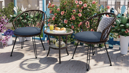 Outdoor Leisure Set, 2 Rattan Single Chairs with A Glass Round Table,