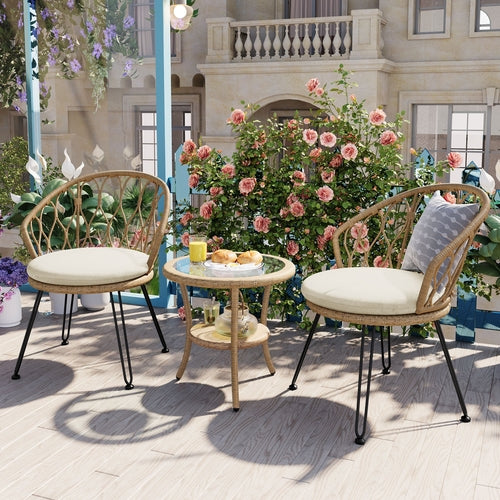 Outdoor Leisure Set, 2 Rattan Single Chairs with A Glass Round Table,