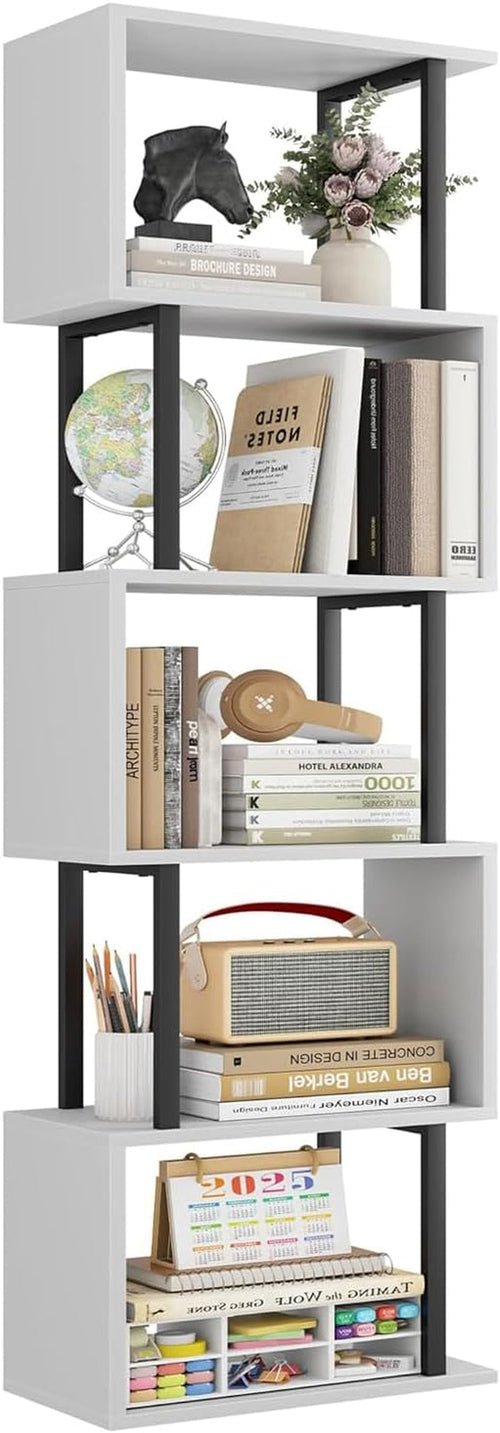 Five Tier Bookshelf White Bookcase Living Room Furniture