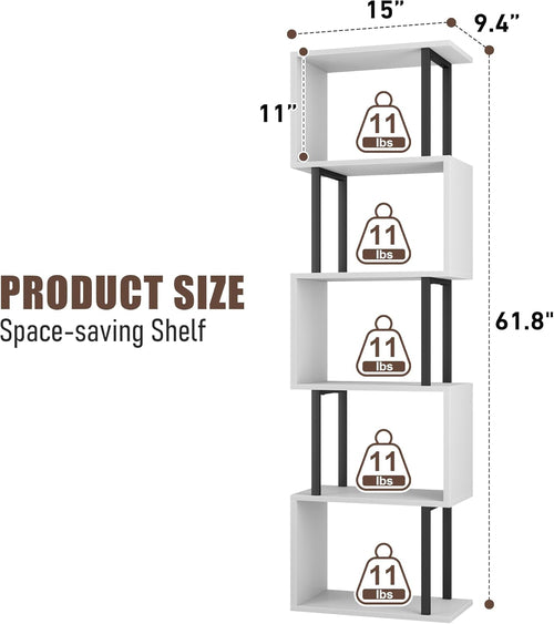 Five Tier Bookshelf White Bookcase Living Room Furniture