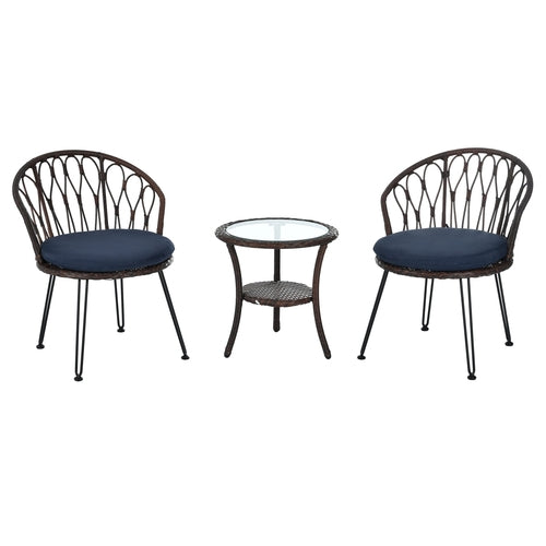 Outdoor Leisure Set, 2 Rattan Single Chairs with A Glass Round Table,