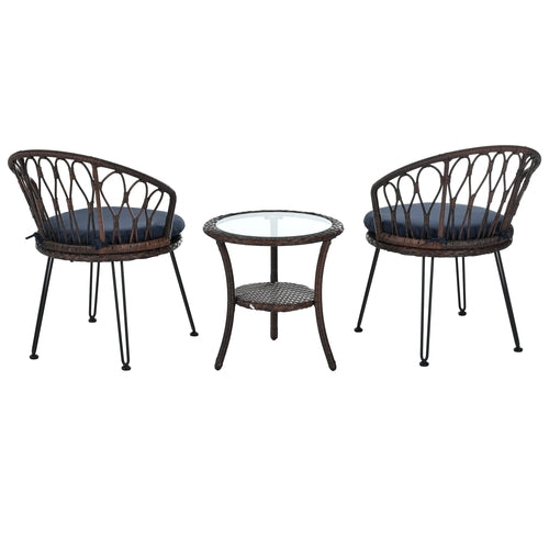 Outdoor Leisure Set, 2 Rattan Single Chairs with A Glass Round Table,